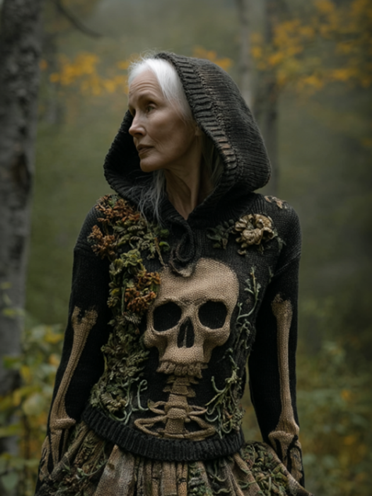Comstylish Halloween Dark Forest Ladies' Knit Hooded Cardigan Sweater