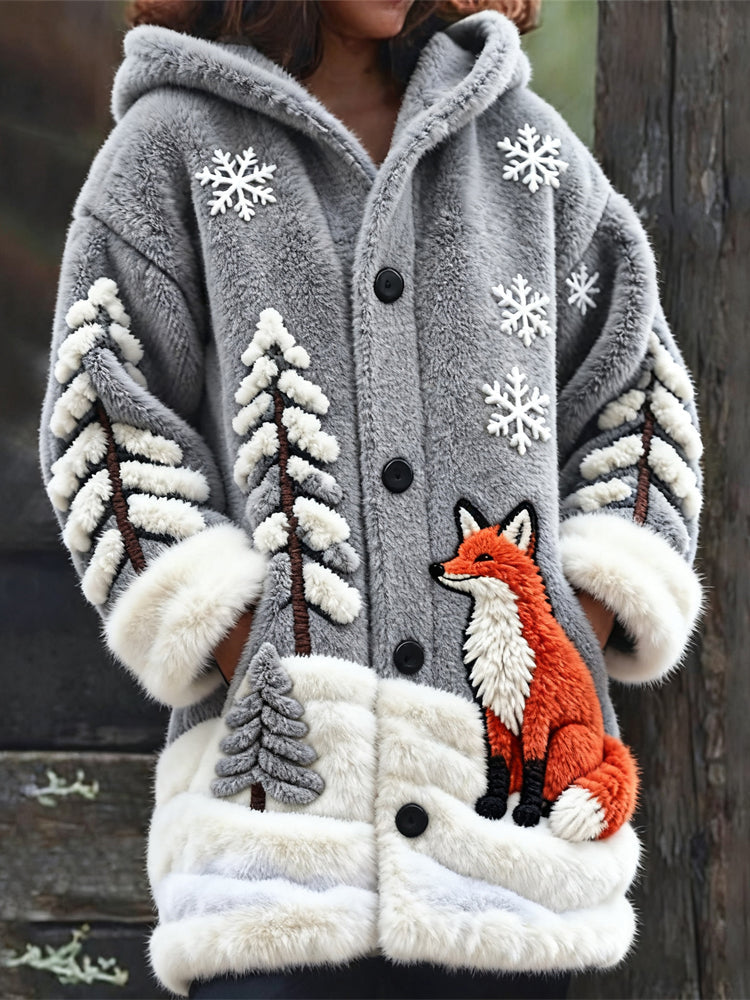 Comstylish Snowy Forest Fox Pattern Women's Knit Hooded Cardigan