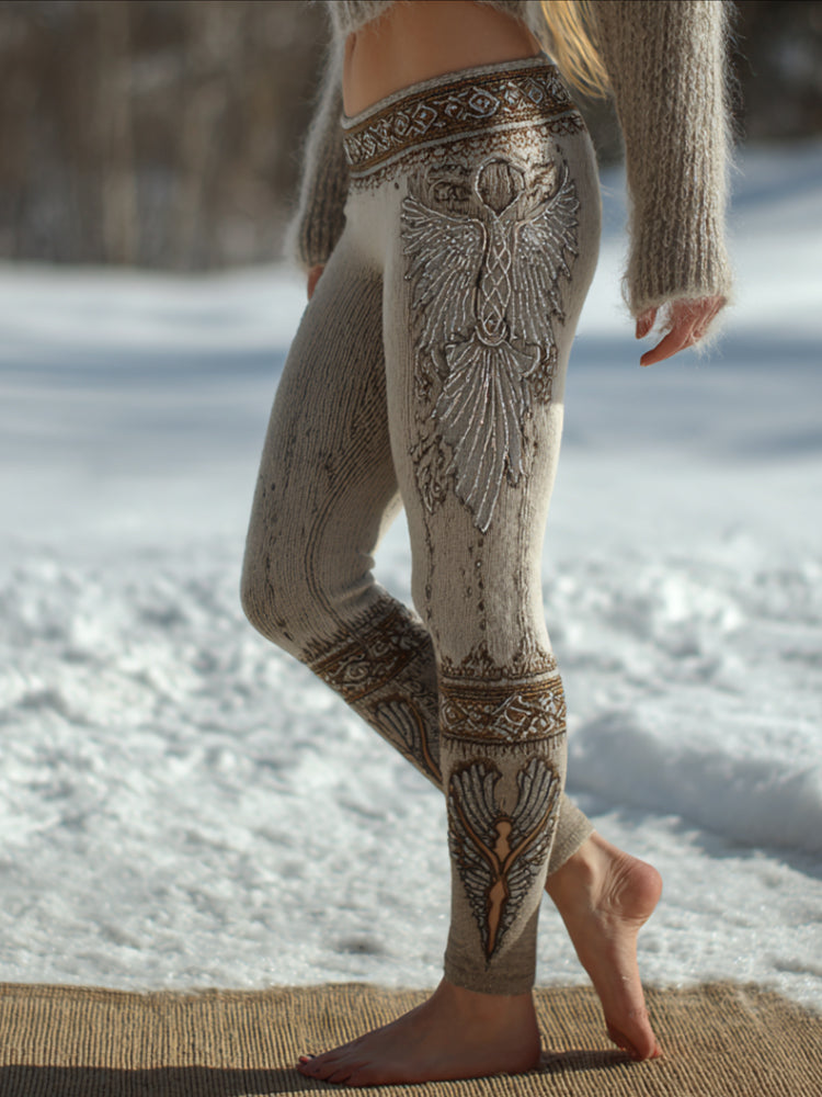 Comstylish Vintage Viking Wings Art Brown Knit Leggings