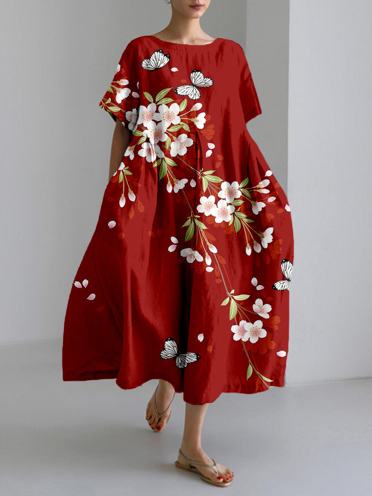 Comstylish Vintage Cherry Blossom & Butterfly Art Linen Blend Maxi Dress