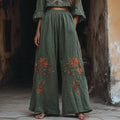 Women's Vintage Floral Embroidered Pattern Linen Blend Casual Pants artswardrobe