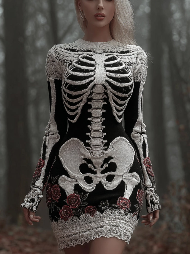 Comstylish Women's Halloween Skeleton Art Black Dress