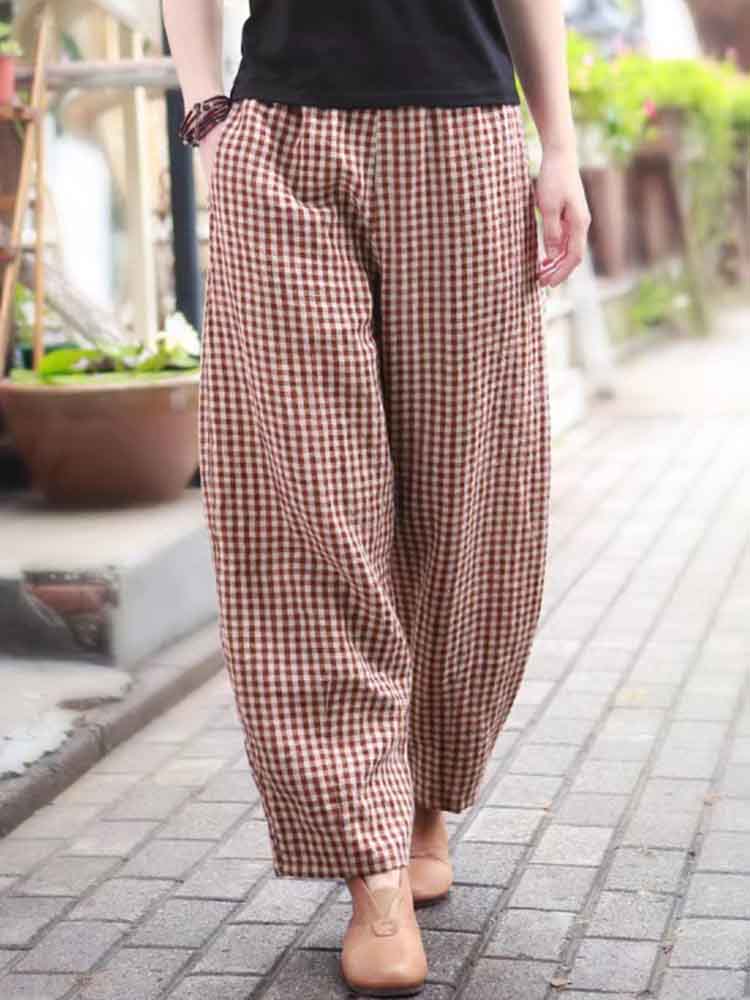 Women's Vintage Plaid Linen Blend Casual Pants artswardrobe