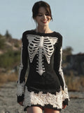 Comstylish Halloween Skeleton & Lace Floral Art Women's Knit Mini Dress