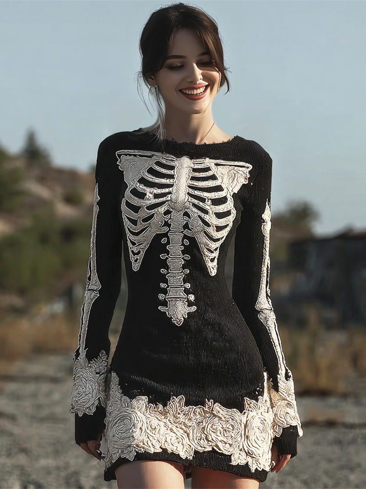 Comstylish Halloween Skeleton & Lace Floral Art Women's Knit Mini Dress