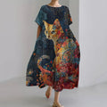 Women's Animal Cat Art Print Casual Loose Midi Dress elevenforest