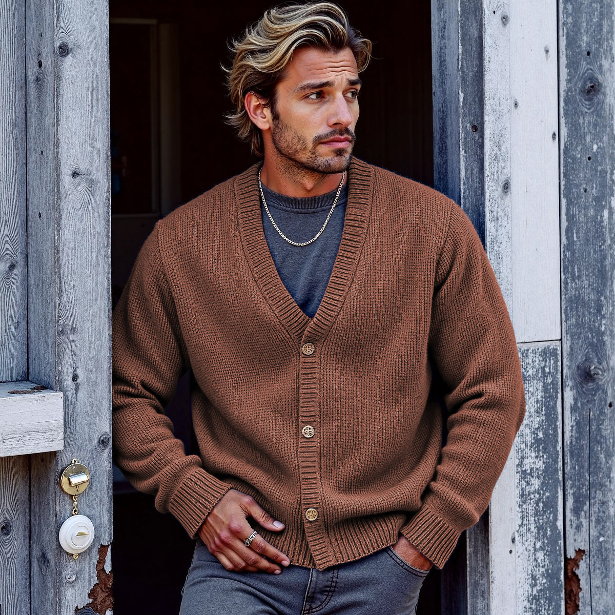 Men's Solid Color V-Neck Button Sweater Cardigan elevenforest