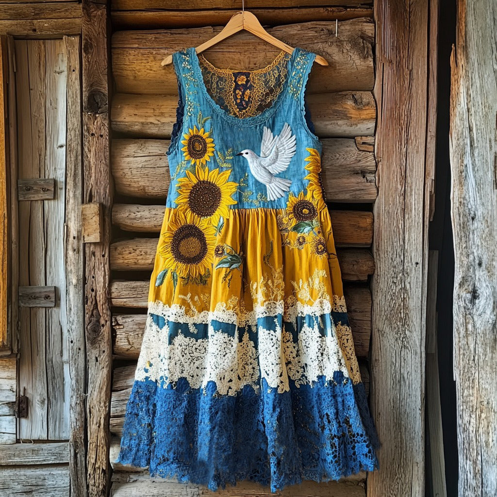 Women's Retro Dove Of Peace And Sunflower Lace Art Tank Dress artswardrobe