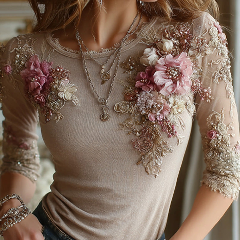 Women's Casual Retro Bohemian Embroidered Floral Print T-shirt artswardrobe