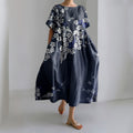 Comstylish Women Japanese Art Plum Blossom Linen Blend Maxi Dress