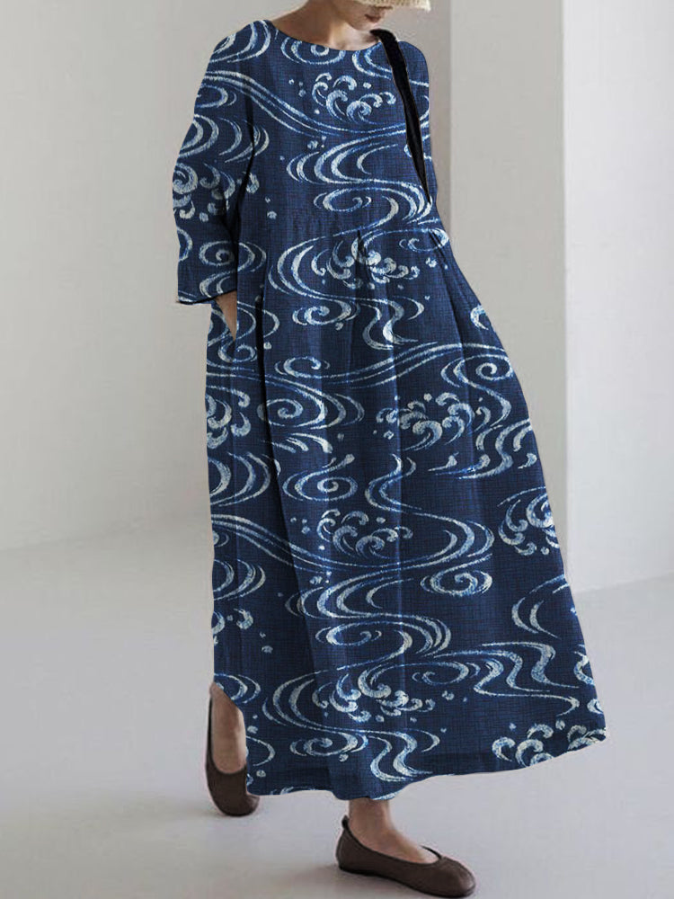 Comstylish Sea Waves Japanese Art Linen Blend Maxi Dress