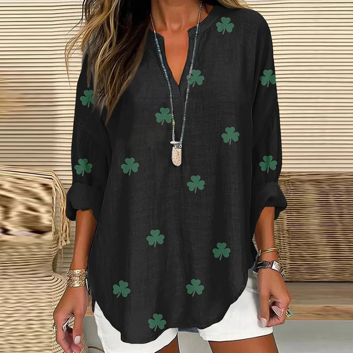 Comstylish St. Patrick's Shamrock Print V-neck Linen Blend Blouse