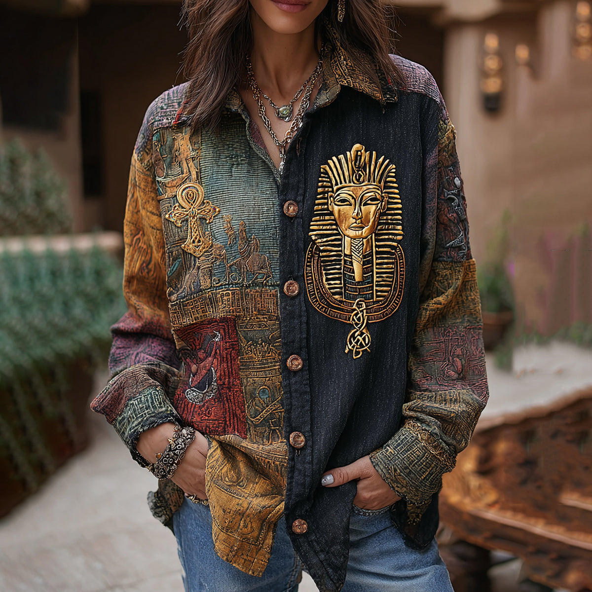Comstylish Women's Vintage Ancient Egyptian Patchwork Lapel Linen Blend Shirt