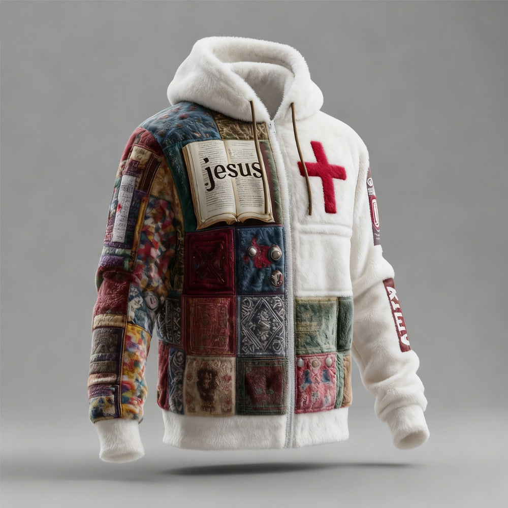 Comstylish Men's Vintage Christian Patchwork Art Full Zip Plush Hoodie