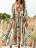 Women's Retro Folk Totem Floral Art Print Flowy Cotton Crew Neck Dress