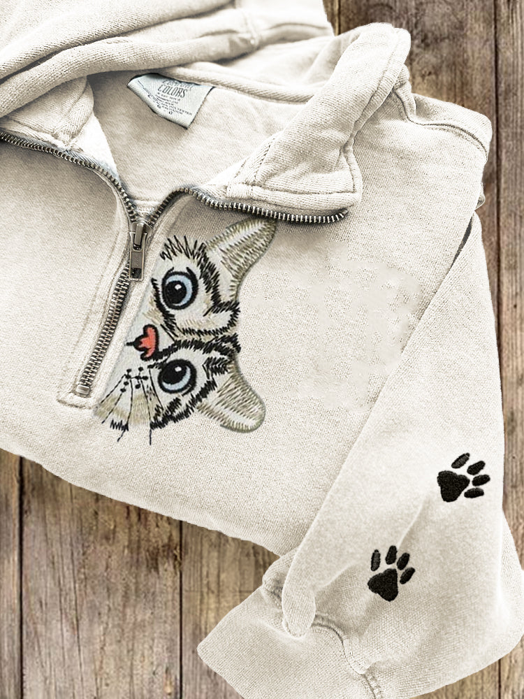 Lovely Peeking Cat Paw Prints Embroidered Zip Up Sweatshirt elevenforest