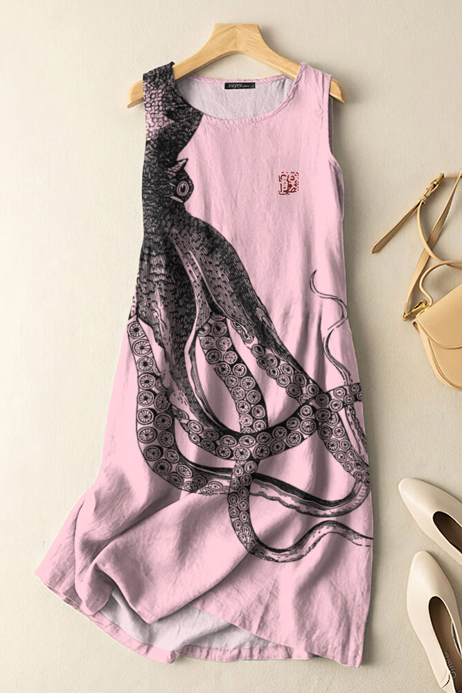 Comstylish Vintage Japanese Art Octopus Print Sleeveless Cotton And Linen Midi Dress
