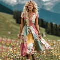 Women's Vintage Floral Art Patch Linen Comfy Short Sleeve Dress artswardrobe