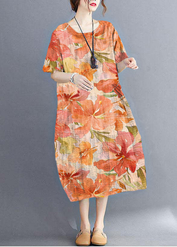 Stylish Blue Flower O Neck Plaid Maxi Dresses Cotton Linen Summer