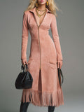 Vintage Western Front Zipper Tassel Pink Faux Suede Midi Dress