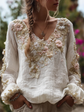Comstylish Bohemian Style Three-dimensional Flower Pattern Women's V-neck Long-sleeve Cotton And Linen Shirt