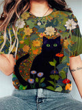 Funny Black Cat Floral Print Vintage T-Shirt elevenforest
