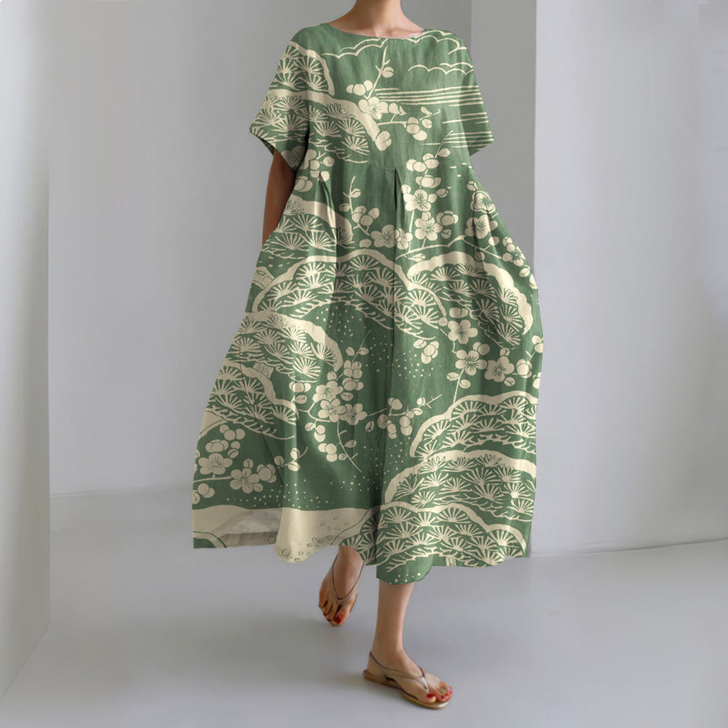 Comstylish Japanese Art Plum Blossom Printed Crew Neck Casual Midi Dress