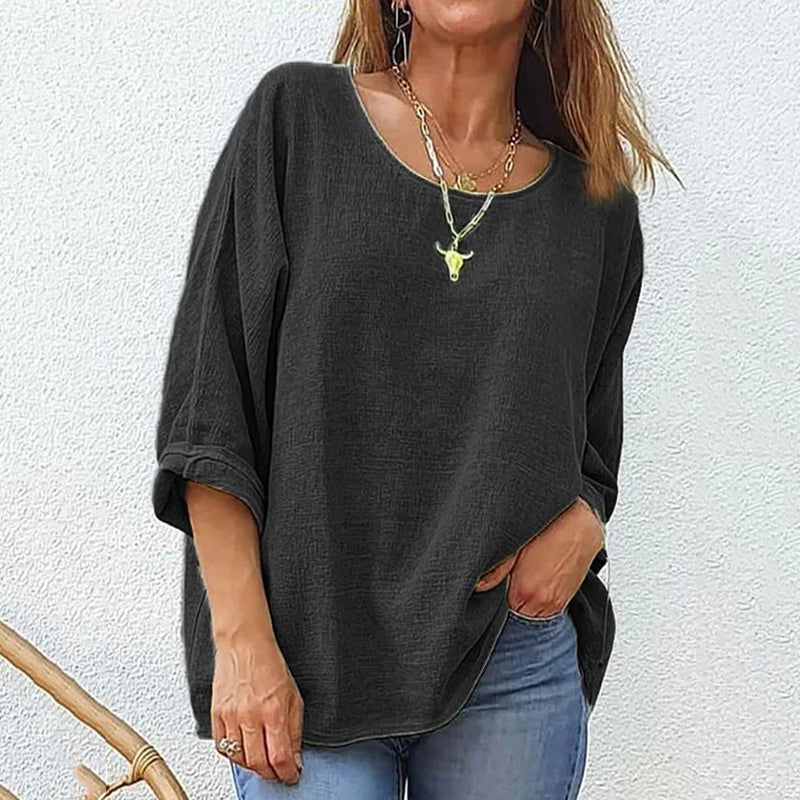 Women's Cotton And Linen Casual Loose Round Neck Long Sleeve T-shirt artswardrobe