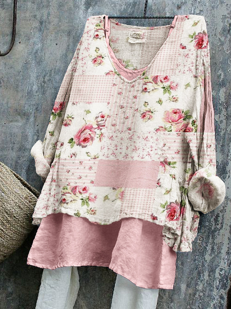 Vintage Roses Floral Patchwork Linen Tunic artswardrobe
