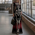 Comstylish Women's Halloween Dark Gothic Rose Skeleton Velvet Round Neck Maxi Dress