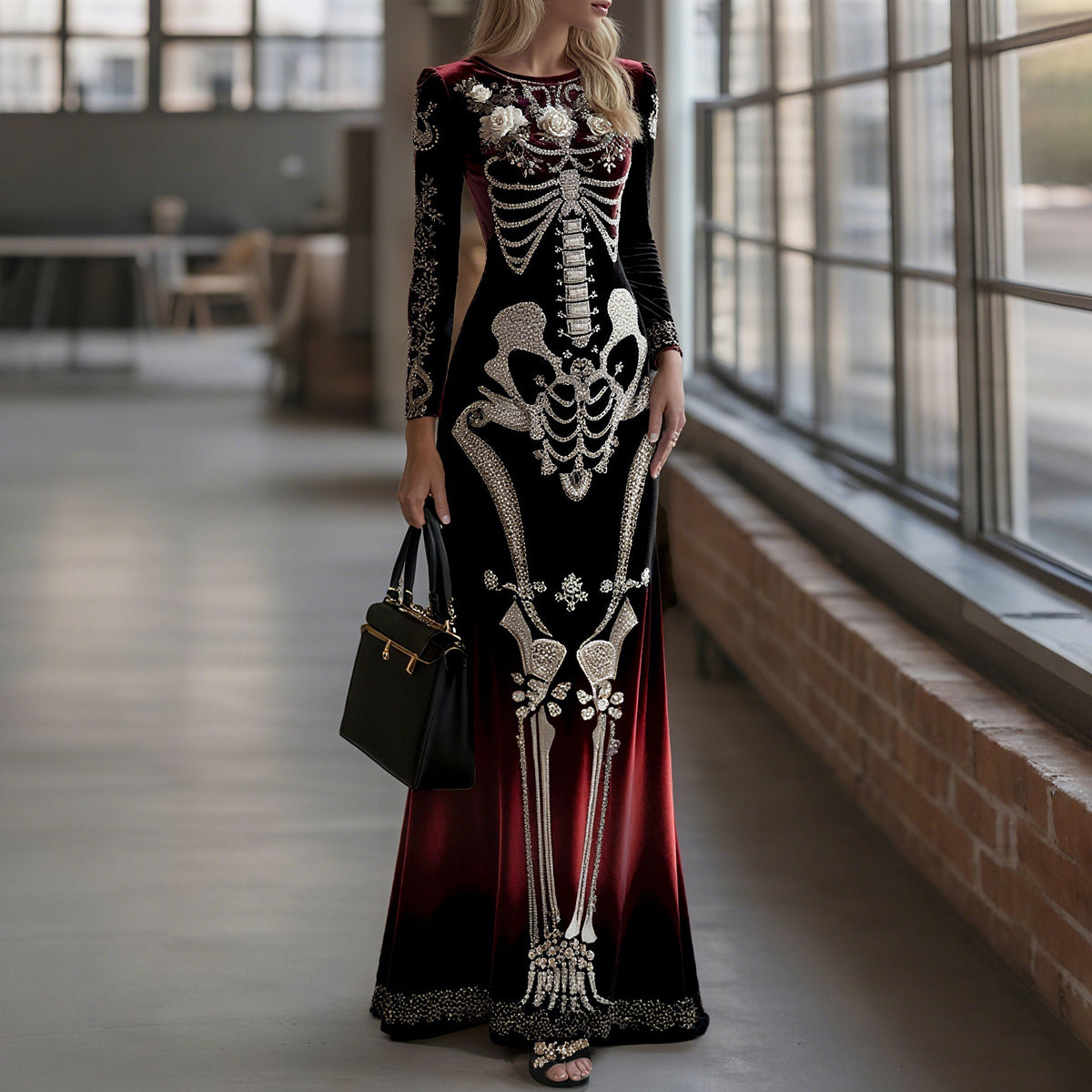 Comstylish Women's Halloween Dark Gothic Rose Skeleton Velvet Round Neck Maxi Dress