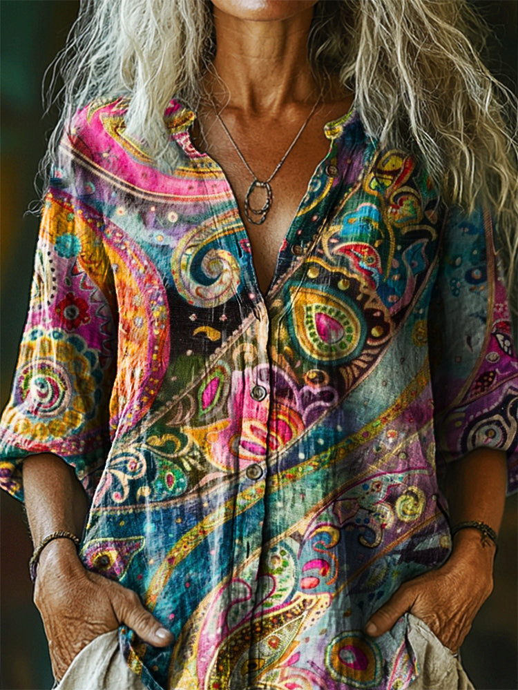 Women's Vintage Bohemian Floral Art Print Casual Cotton Linen Shirt