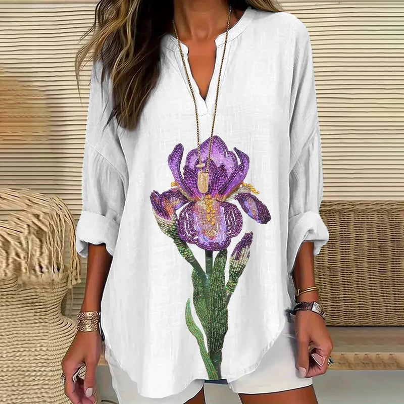 Comstylish Women's Purple Flower Art Casual V Neck Shirt