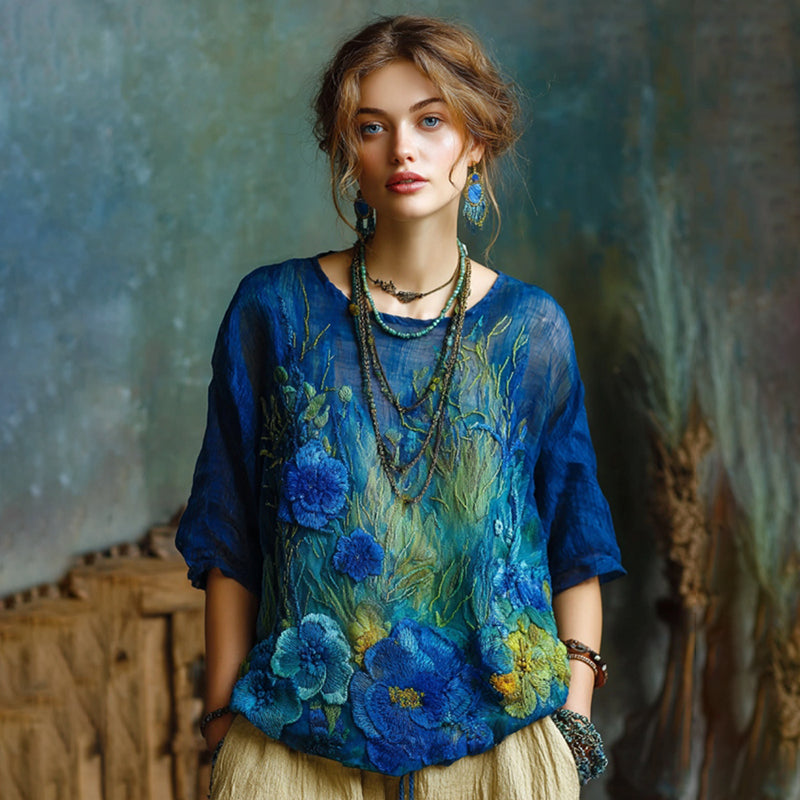 Vintage Oil Painting Floral Embroidered Contrast Flowy Linen Shirt