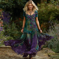 Women's Vintage Purple Rose Pattern Round Neck Dress artswardrobe