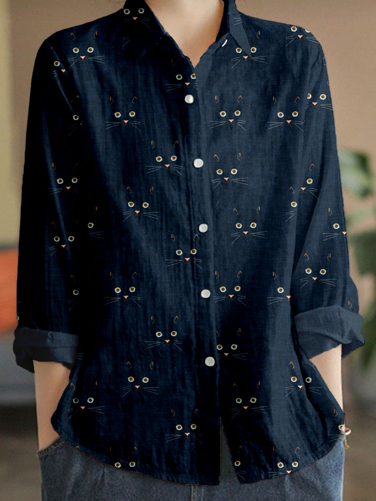 Comstylish Cute Cat Face Pattern Linen Blend Cozy Blouse