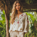 Comstylish Retro Bohemian Floral Embroidery Art Graphics Casual Linen Blend Blouse