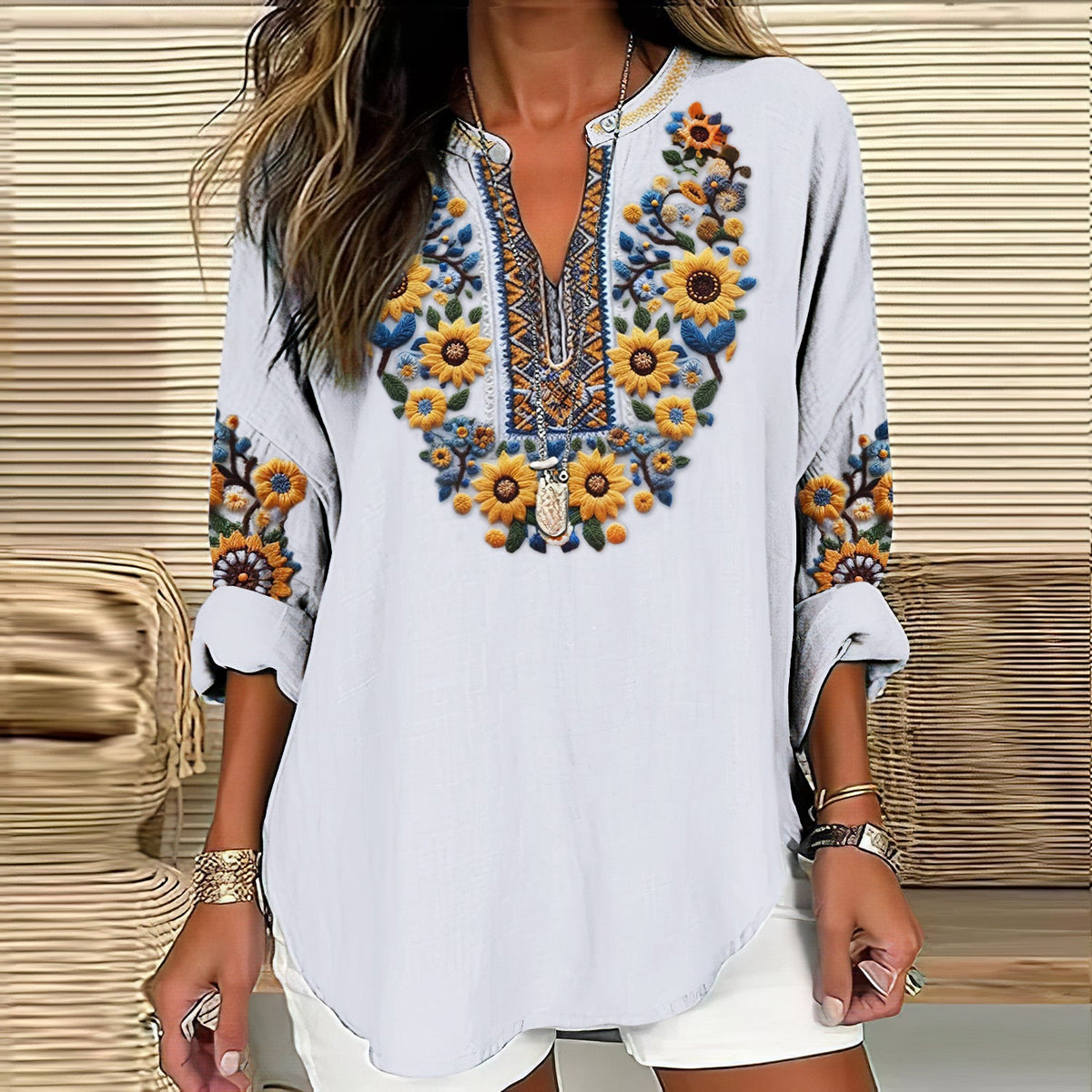 Comstylish Women's Ukraine Sunflower Embroidery Art V-neck Casual Linen Blend Blouse