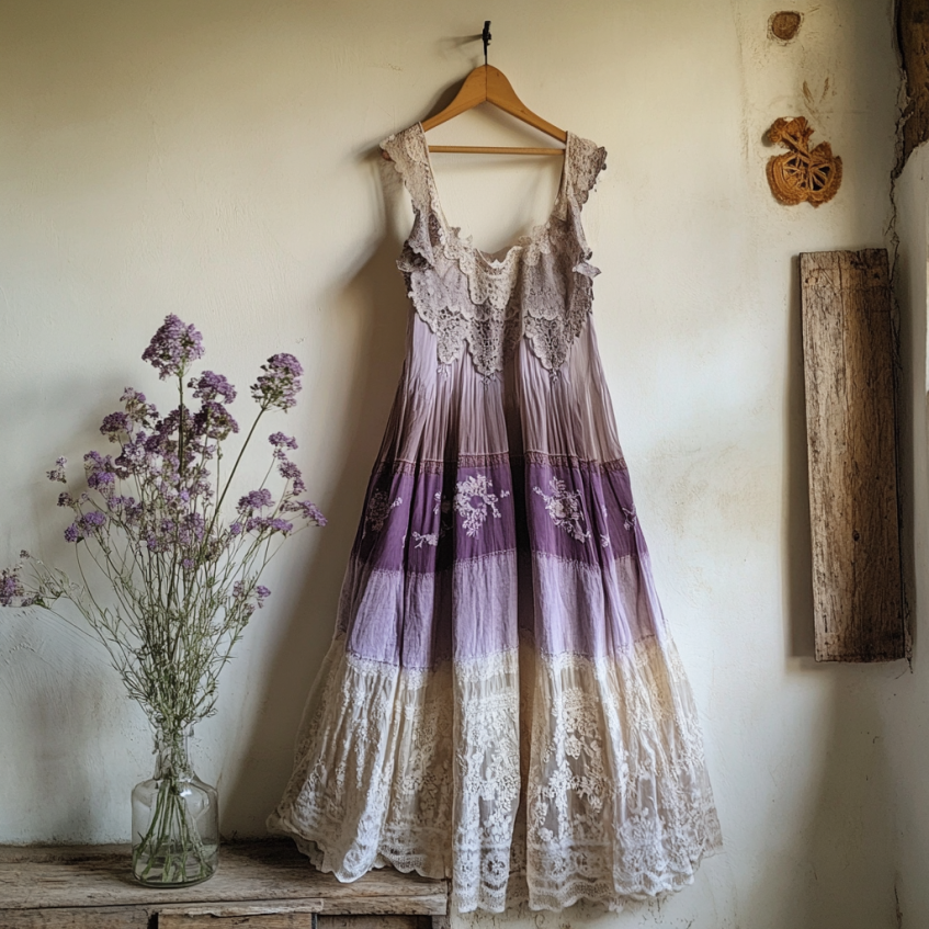 Boho Lavender Embroidered Pattern Lace Linen Dress artswardrobe