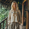Retro Bohemian Floral Art Embroidery Print Cotton And Linen Blend Loose Blouse artswardrobe