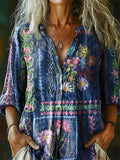 Women's Bohemian Floral Art Print Casual Cotton Linen Shirt