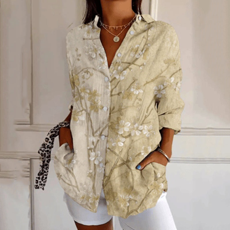 Comstylish Women's Vintage Floral Contrast Art Print Casual Linen Shirt