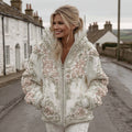 Comstylish Women's Vintage Flower Embroidery Art Casual Zip Up Hoodie
