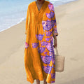 Comstylish Vintage Japanese Fish Art Cotton Linen Comfy Maxi Dress