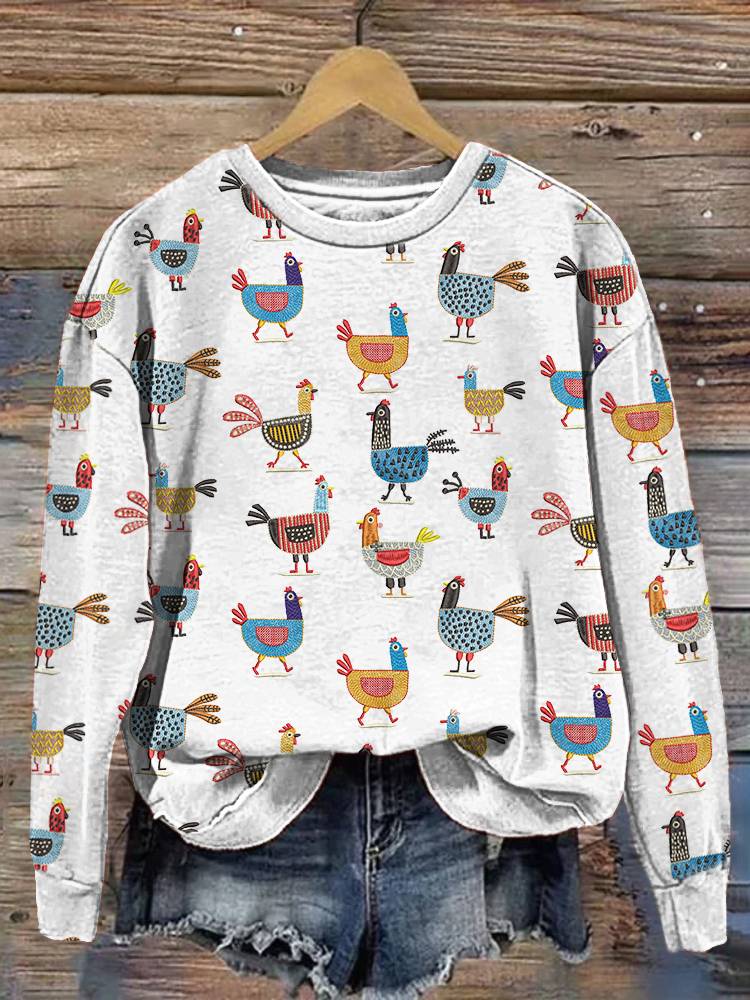 Comstylish Funny Farm Chicken Print Casual Cotton Sweatshirt