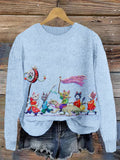 Comstylish Cute Japanese Cats Art Embroidered Cozy Sweater