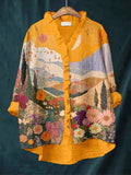 Vintage Boho Floral Patchwork Ruffle Trim Linen Blouse artswardrobe