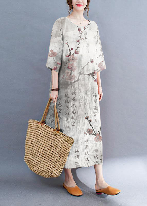 Modern Color Block Loose O-neck Print Summer Side Open Dress Half Sleeve