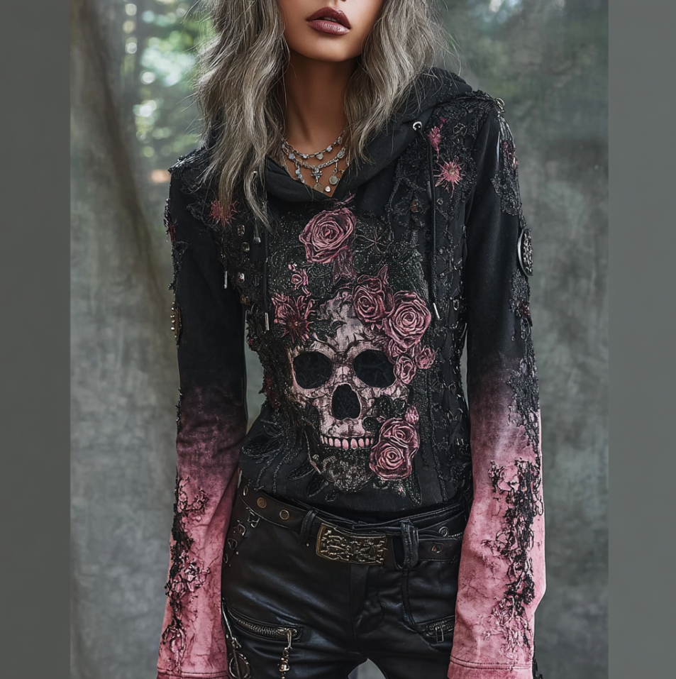 Comstylish A Retro Women's Black-pink Gradient Hooded Top With Gothic Skull And Floral Elements Design For Halloween.