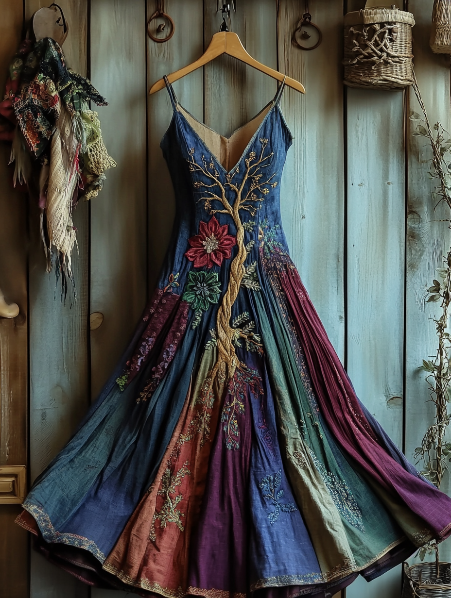 Vintage Celtic Knot Tree Of Life Patchwork Contrast Color V Neck Maxi Dress artswardrobe